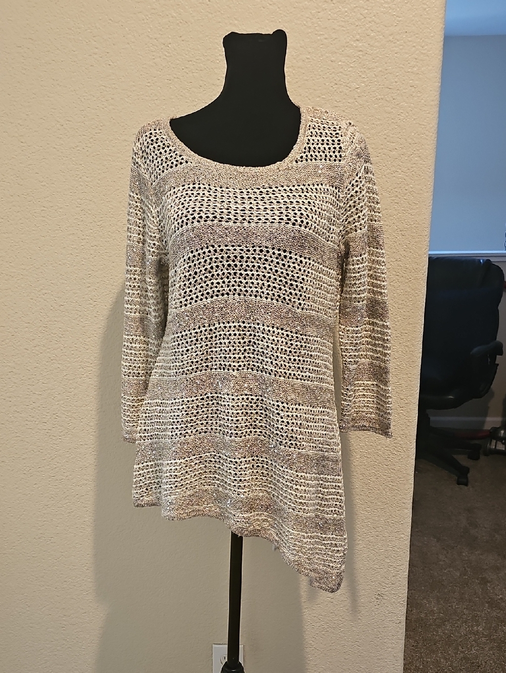 Lightweight Open Knit Tunic Sweater in Ivory and Taupe